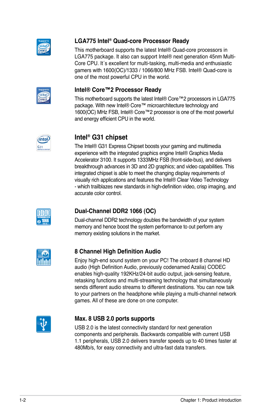 Intel, G31 chipset | Asus P5KPL-AM/PS User Manual | Page 12 / 62