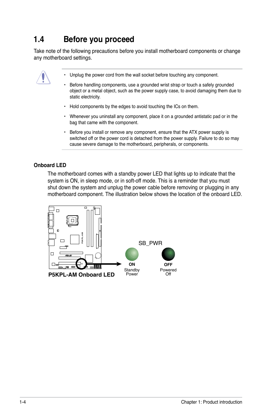 4 before you proceed, Before you proceed -4, P5kpl-am onboard led sb_pwr | Asus P5KPL-AM/PS User Manual | Page 14 / 62