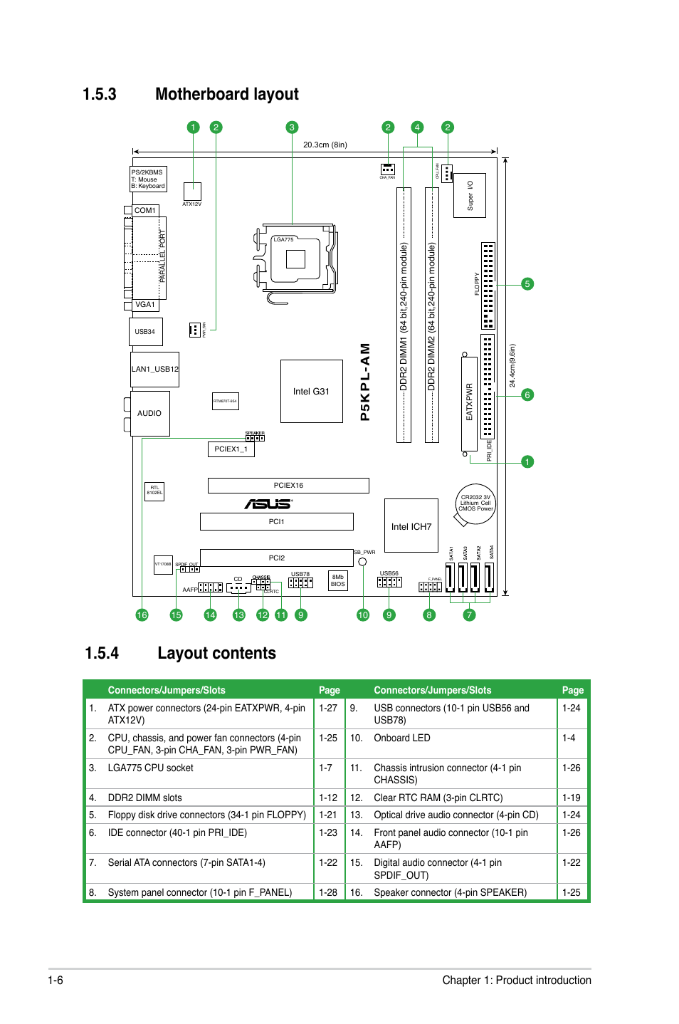 3 motherboard layout, 4 layout contents, 3 motherboard layout -6 | 4 layout contents -6, 6 chapter 1: product introduction, P5 k p l -a m | Asus P5KPL-AM/PS User Manual | Page 16 / 62