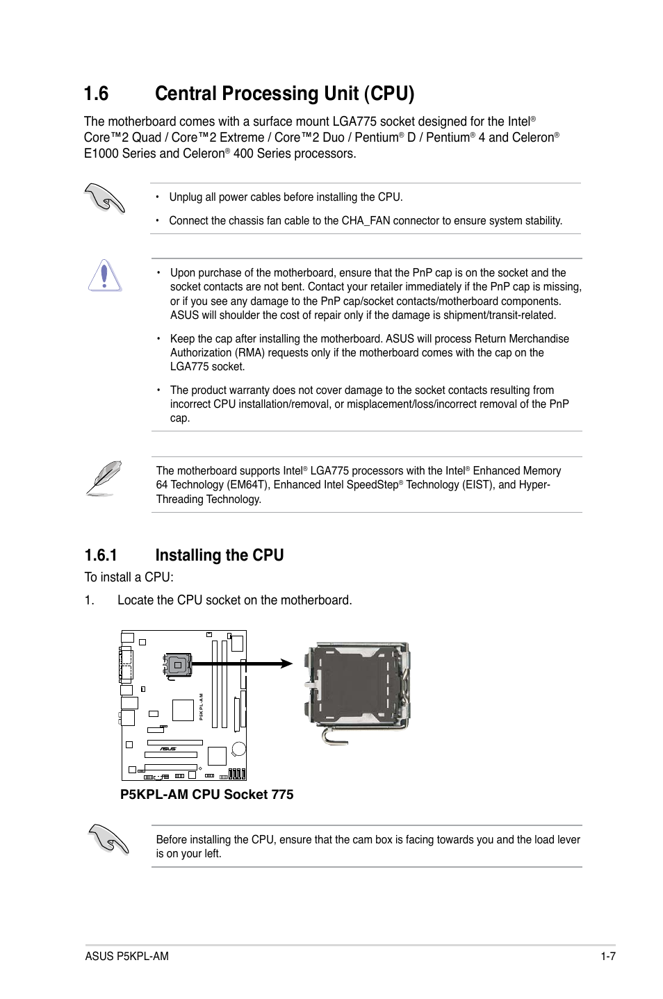 6 central processing unit (cpu), 1 installing the cpu, Central processing unit (cpu) -7 | 1 installing the cpu -7, D / pentium, 4 and celeron, E1000 series and celeron, 400 series processors, P5kpl-am cpu socket 775 | Asus P5KPL-AM/PS User Manual | Page 17 / 62