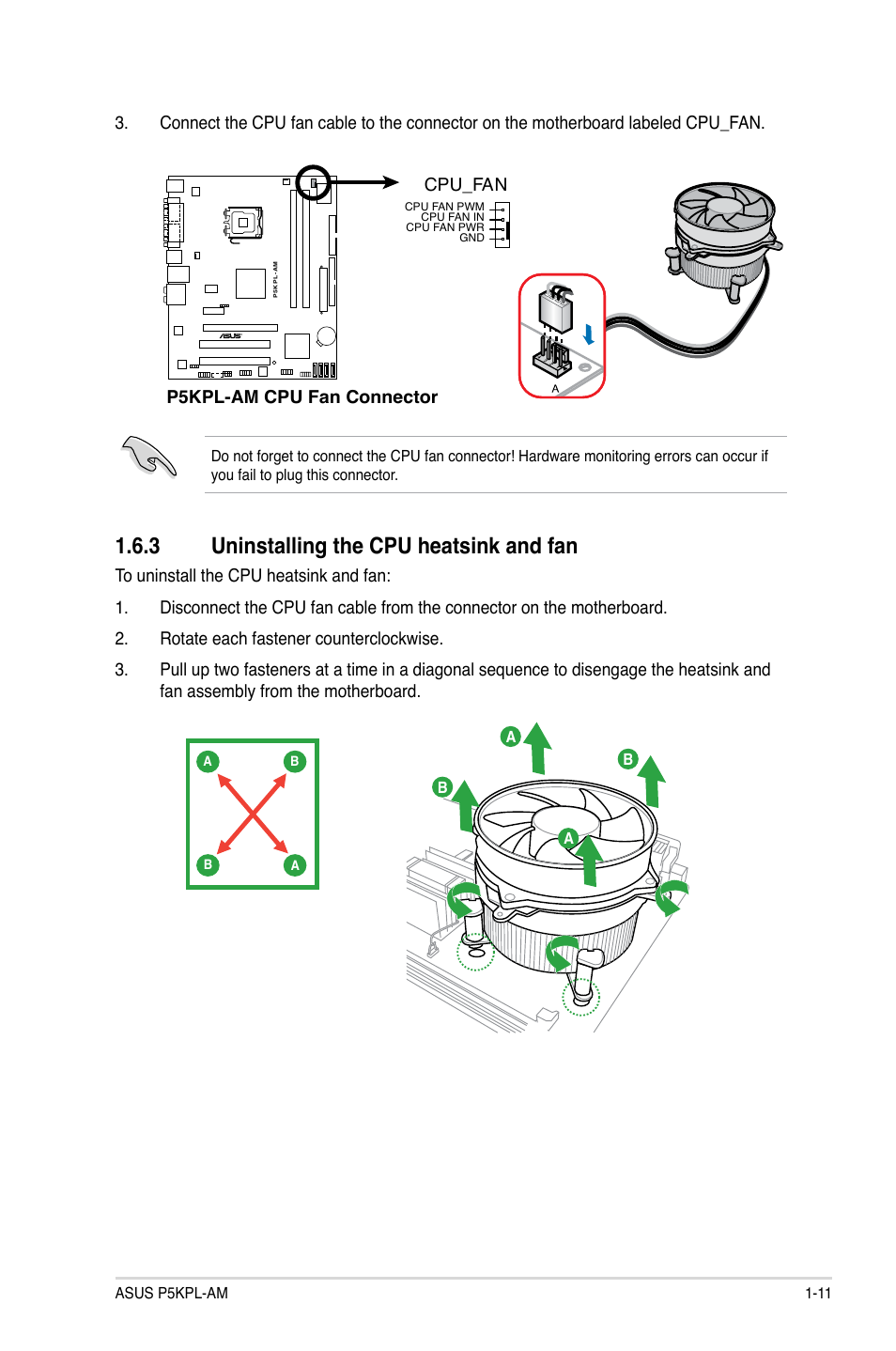 3 uninstalling the cpu heatsink and fan, 3 uninstalling the cpu heatsink and fan -11, P5kpl-am cpu fan connector cpu_fan | Asus P5KPL-AM/PS User Manual | Page 21 / 62