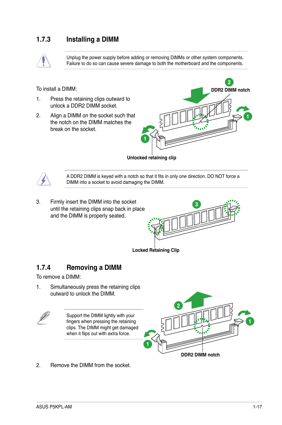 3 installing a dimm, 4 removing a dimm, 3 installing a dimm -17 | 4 removing a dimm -17 | Asus P5KPL-AM/PS User Manual | Page 27 / 62