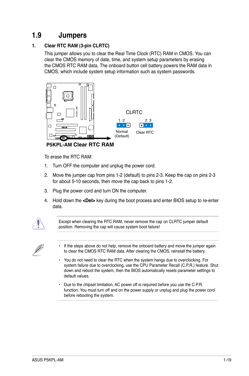 9 jumpers, Jumpers -19, Clear rtc ram | P5kpl-am, Clrtc | Asus P5KPL-AM/PS User Manual | Page 29 / 62