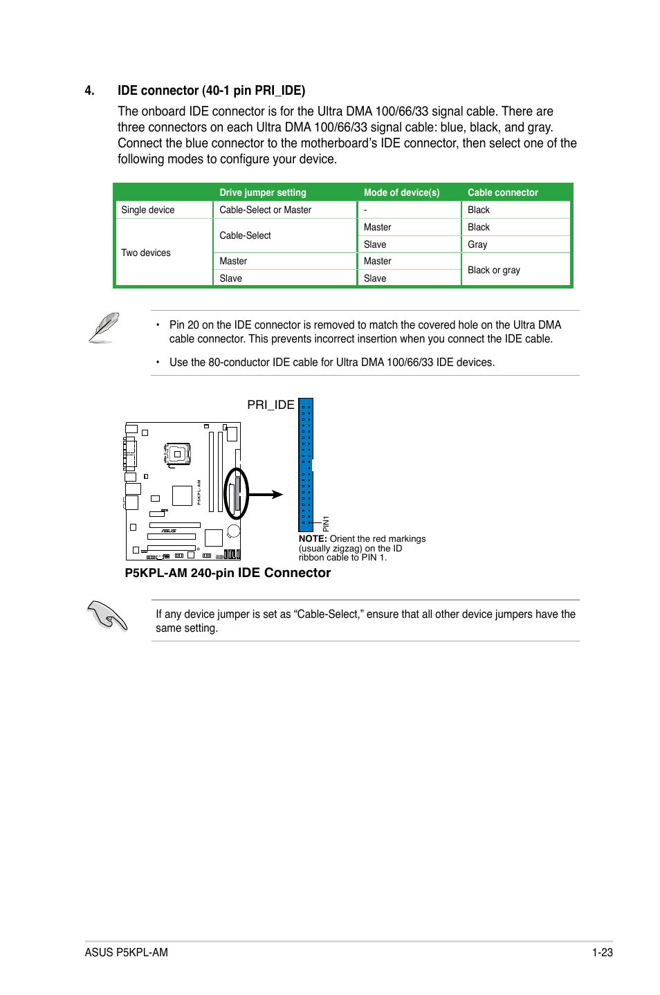 Ide connector, P5kpl-am 240-pin, Pri_ide | Asus P5KPL-AM/PS User Manual | Page 33 / 62