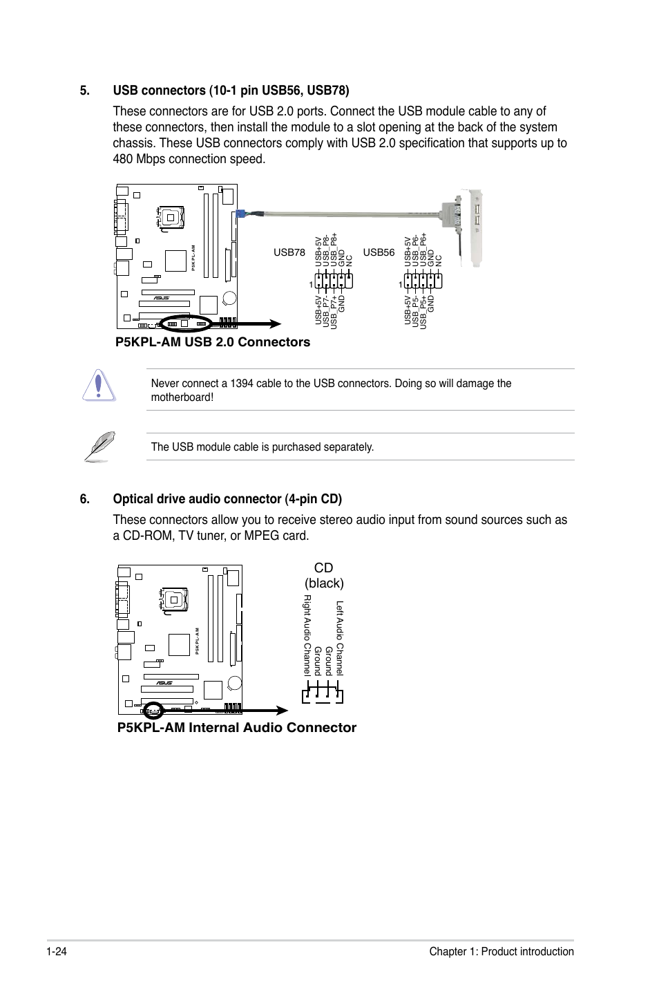 P5kpl-am internal audio connector cd (black), P5kpl-am usb 2.0 connectors, 24 chapter 1: product introduction | Asus P5KPL-AM/PS User Manual | Page 34 / 62