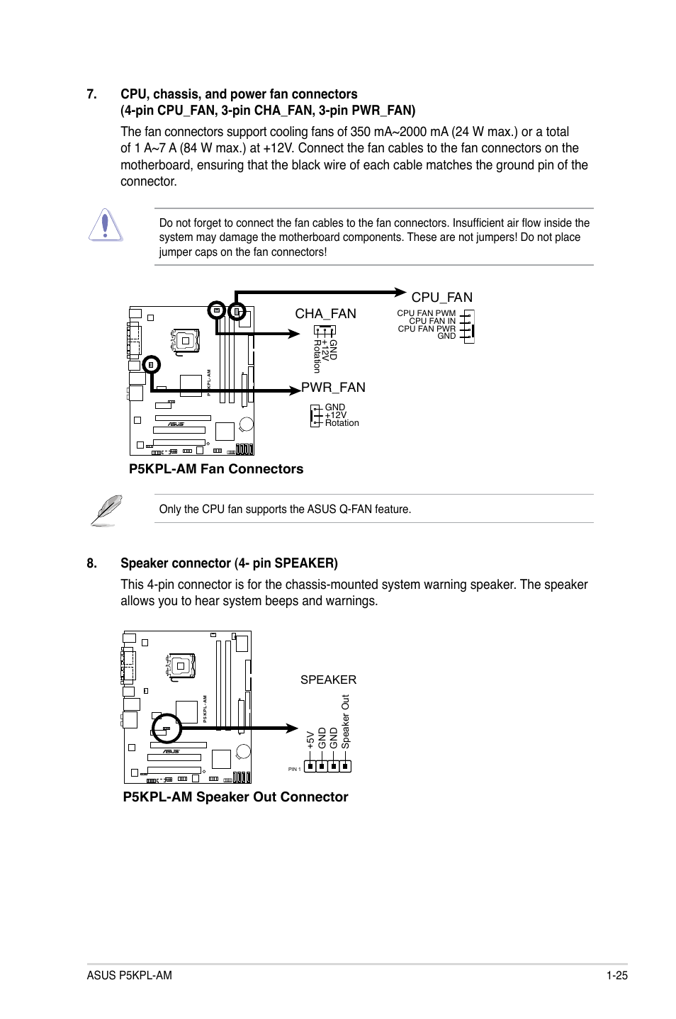 P5kpl-am speaker out connector, P5kpl-am fan connectors cpu_fan, Cha_fan | Pwr_fan, Only the cpu fan supports the asus q-fan feature, Speaker | Asus P5KPL-AM/PS User Manual | Page 35 / 62