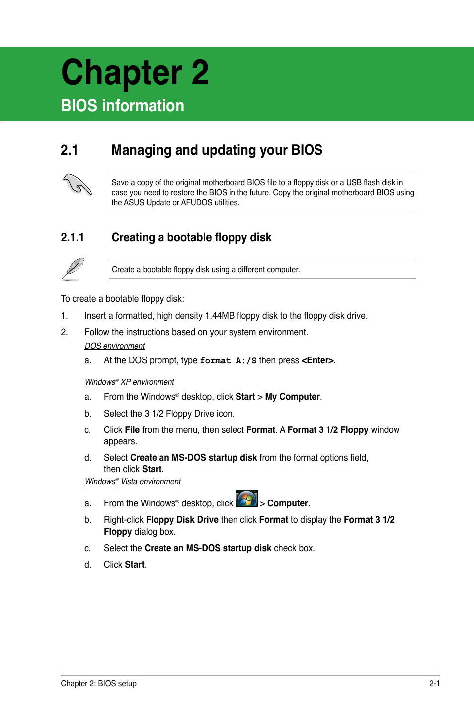 1 managing and updating your bios, 1 creating a bootable floppy disk, Managing and updating your bios -1 | 1 creating a bootable floppy disk -1, Chapter 2, Bios information | Asus P5KPL-AM/PS User Manual | Page 41 / 62