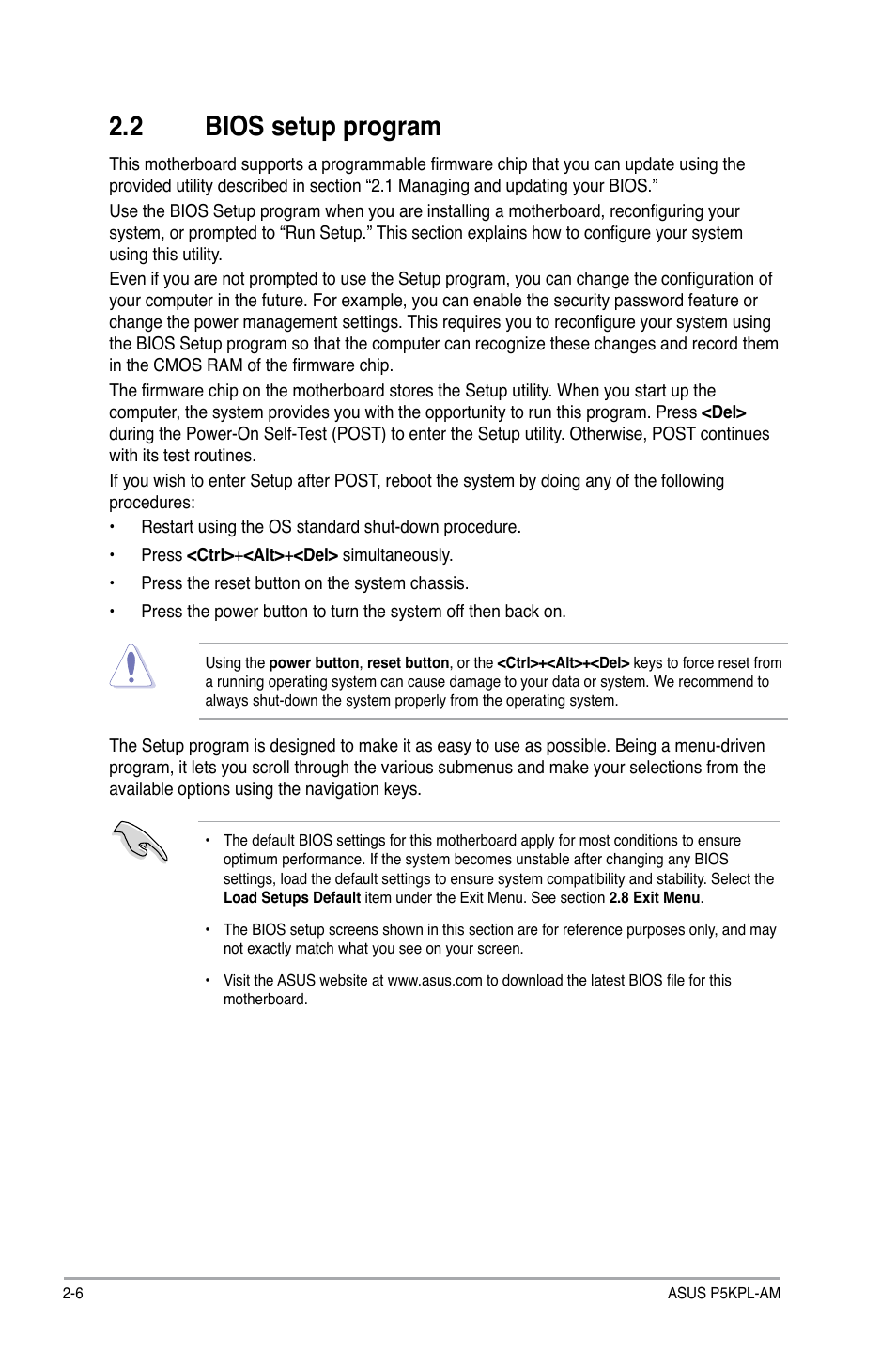 2 bios setup program, Bios setup program -6 | Asus P5KPL-AM/PS User Manual | Page 46 / 62