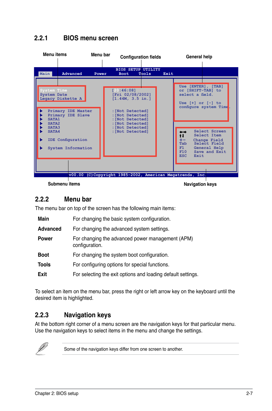 1 bios menu screen, 2 menu bar, 3 navigation keys | 1 bios menu screen -7, 2 menu bar -7, 3 navigation keys -7 | Asus P5KPL-AM/PS User Manual | Page 47 / 62