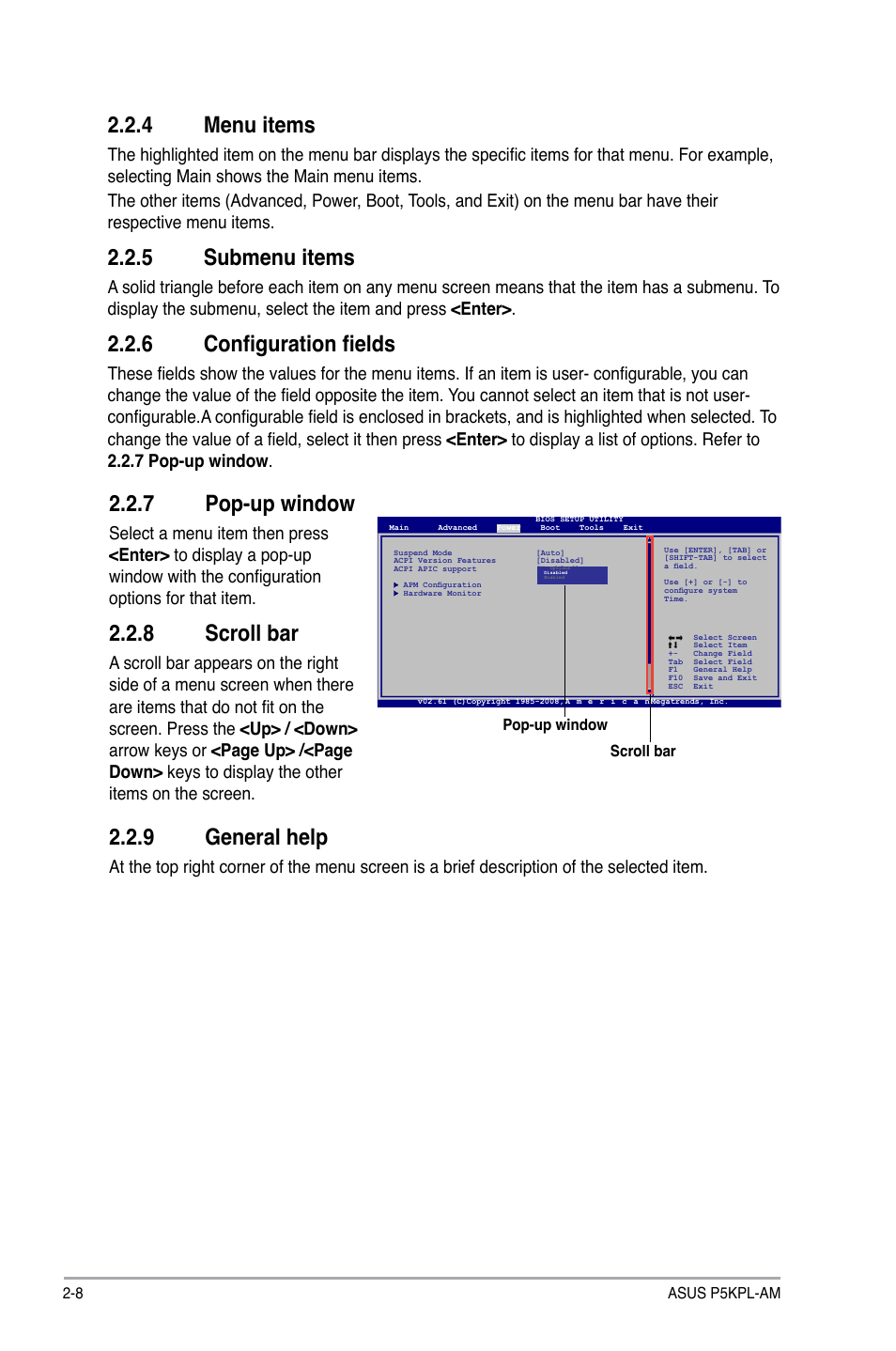 4 menu items, 5 submenu items, 6 configuration fields | 7 pop-up window, 8 scroll bar, 9 general help, 4 menu items -8, 5 submenu items -8, 6 configuration fields -8, 7 pop-up window -8 | Asus P5KPL-AM/PS User Manual | Page 48 / 62