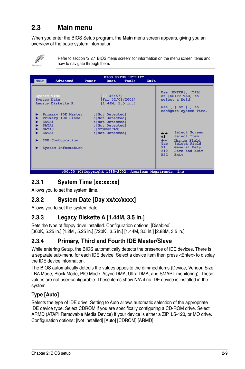 3 main menu, 1 system time, 2 system date | 3 legacy diskette a, 4 primary, third and fourth ide master/slave, Main menu -9, 1 system time -9, 2 system date -9, 3 legacy diskette a -9, 4 primary, third and fourth ide master/slave -9 | Asus P5KPL-AM/PS User Manual | Page 49 / 62