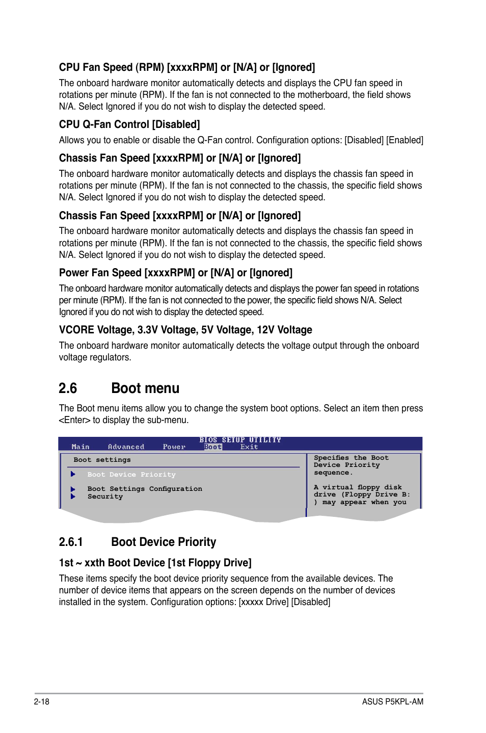 6 boot menu, 1 boot device priority, Boot menu -18 | 1 boot device priority -18 | Asus P5KPL-AM/PS User Manual | Page 58 / 62