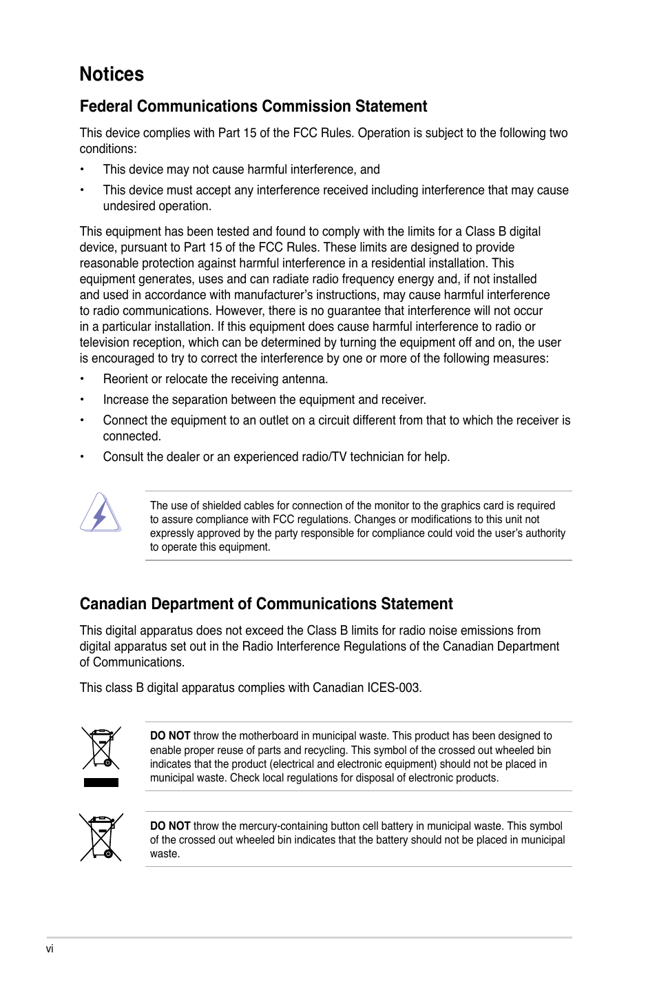 Notices, Federal communications commission statement, Canadian department of communications statement | Asus P5KPL-AM/PS User Manual | Page 6 / 62