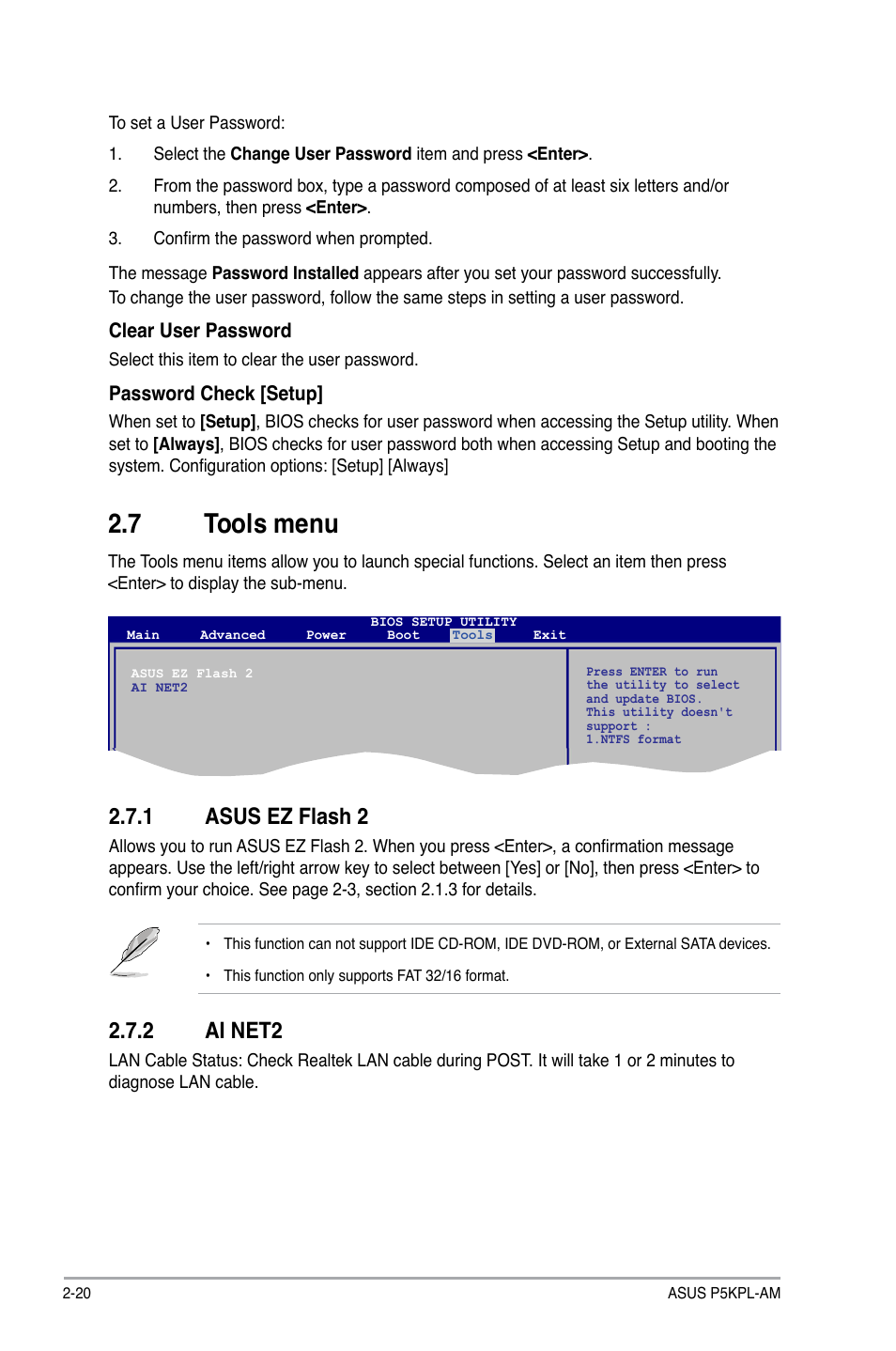 7 tools menu, 1 asus ez flash 2, 2 ai net2 | Tools menu -20, 1 asus ez flash 2 -20, 2 ai net2 -20 | Asus P5KPL-AM/PS User Manual | Page 60 / 62