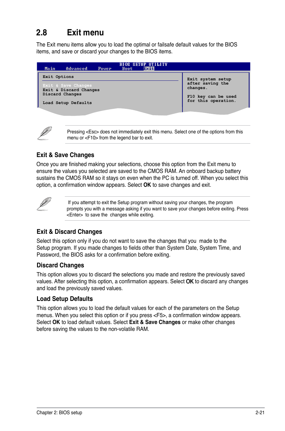 8 exit menu, Exit menu -21, Exit & discard changes | Discard changes, Load setup defaults, Exit & save changes | Asus P5KPL-AM/PS User Manual | Page 61 / 62