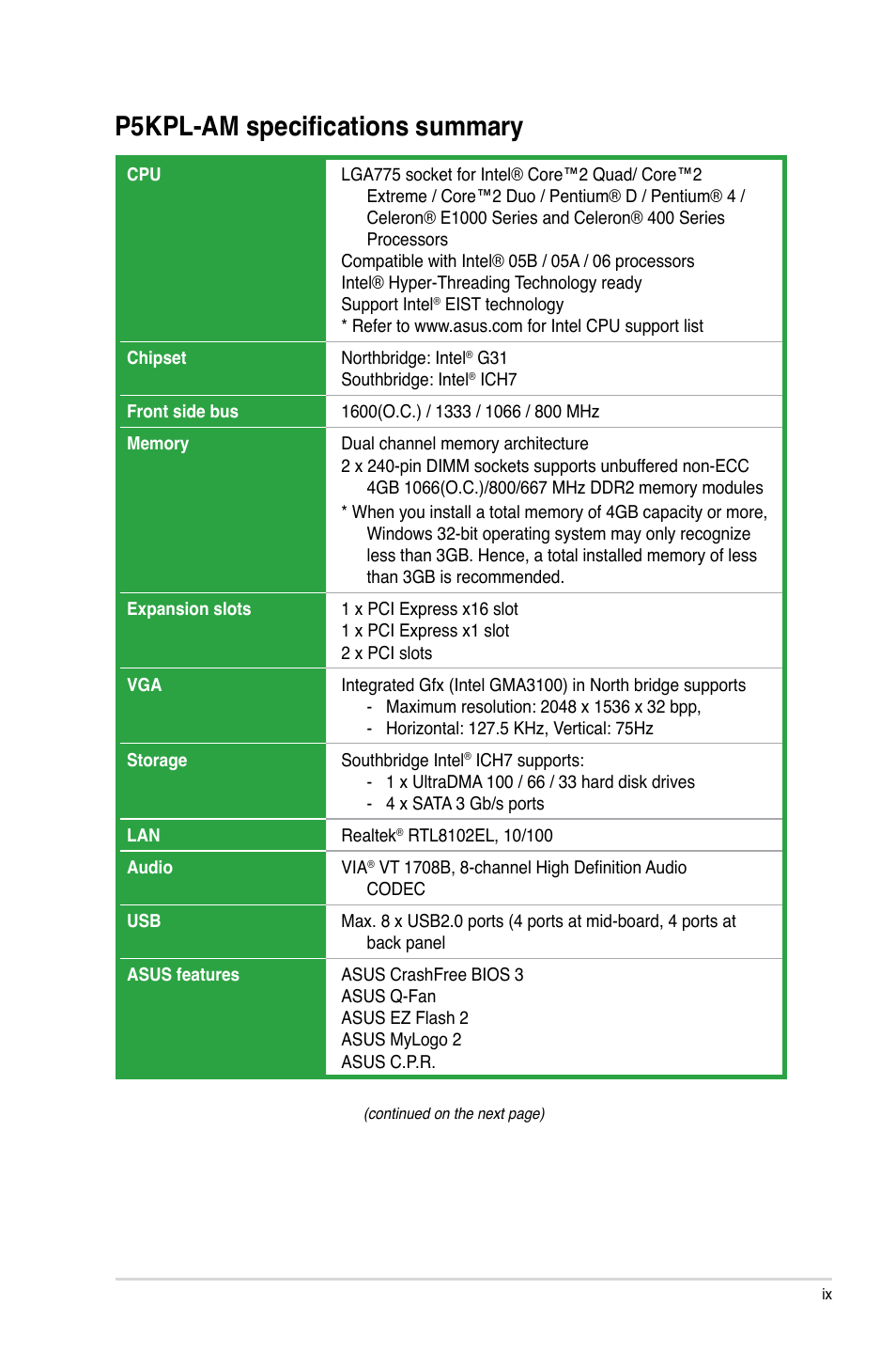 P5kpl-am specifications summary | Asus P5KPL-AM/PS User Manual | Page 9 / 62