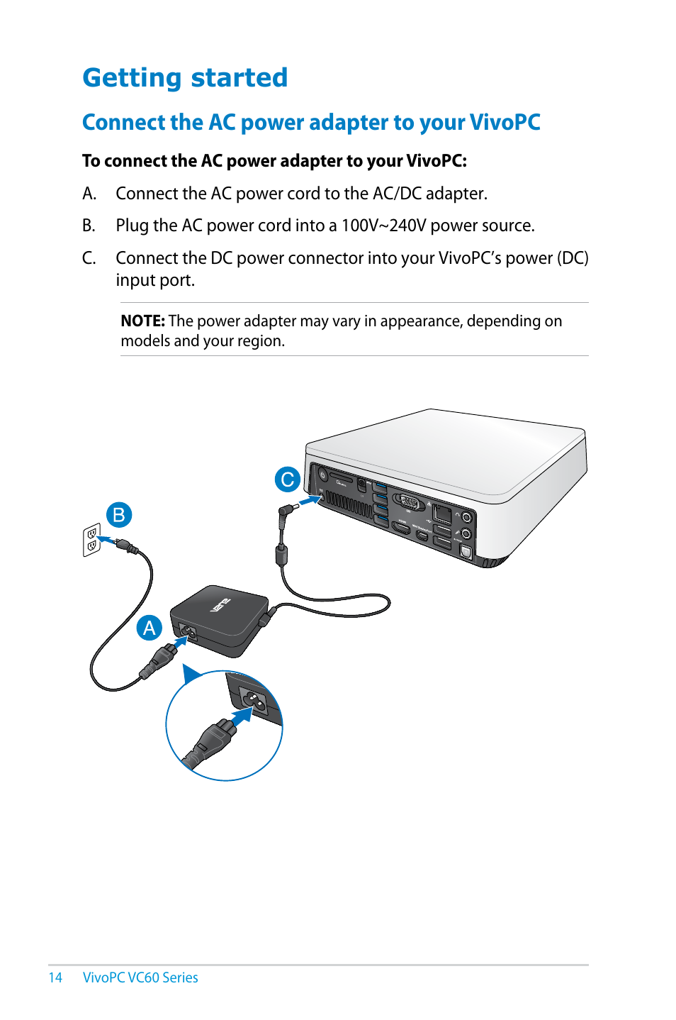 Getting started, Connect the ac power adapter to your vivopc | Asus VC60V User Manual | Page 14 / 38