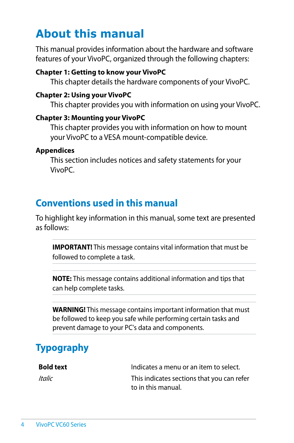 About this manual, Conventions used in this manual, Typography | Conventions used in this manual typography | Asus VC60V User Manual | Page 4 / 38