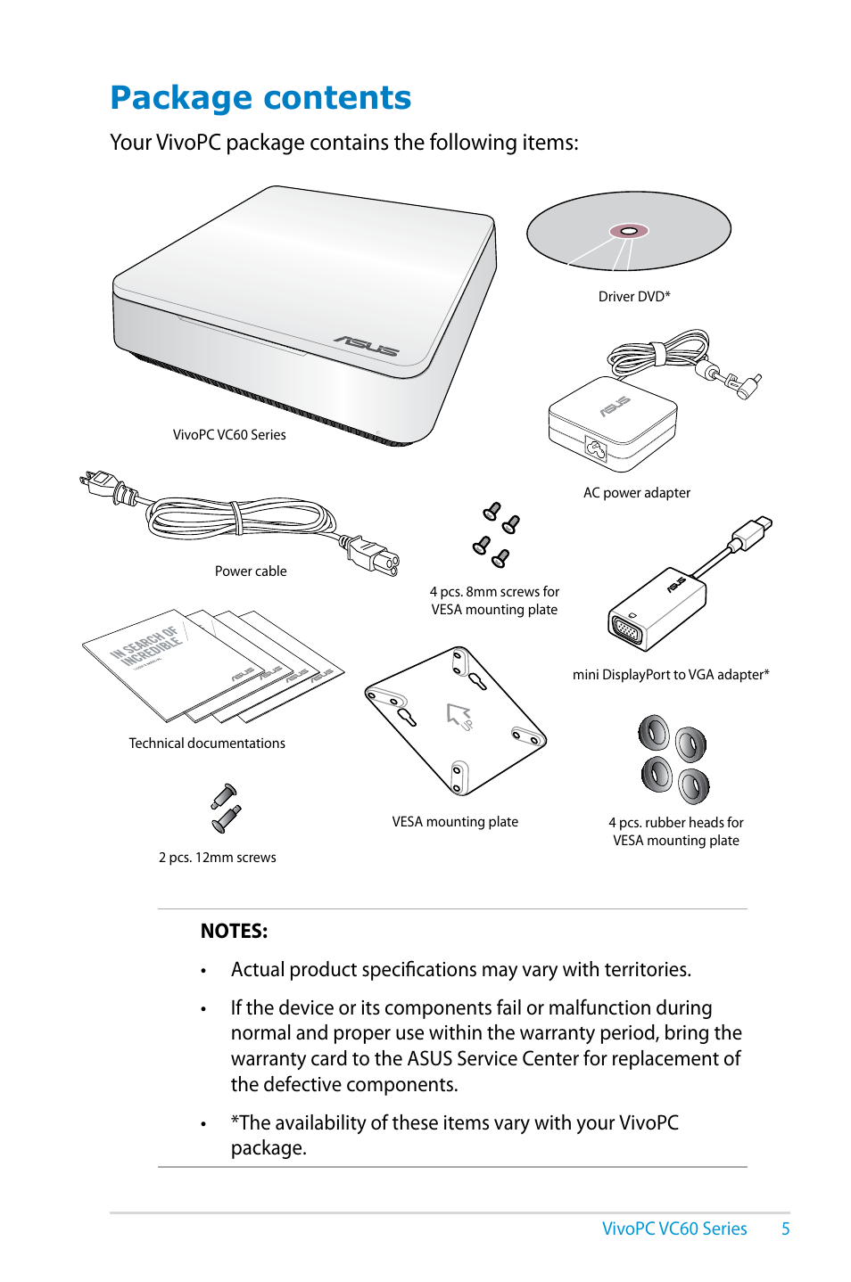 Package contents, Your vivopc package contains the following items | Asus VC60V User Manual | Page 5 / 38