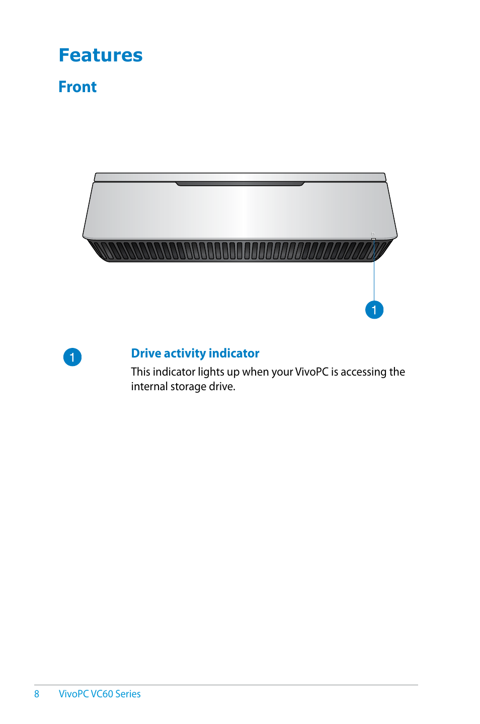 Features, Front | Asus VC60V User Manual | Page 8 / 38