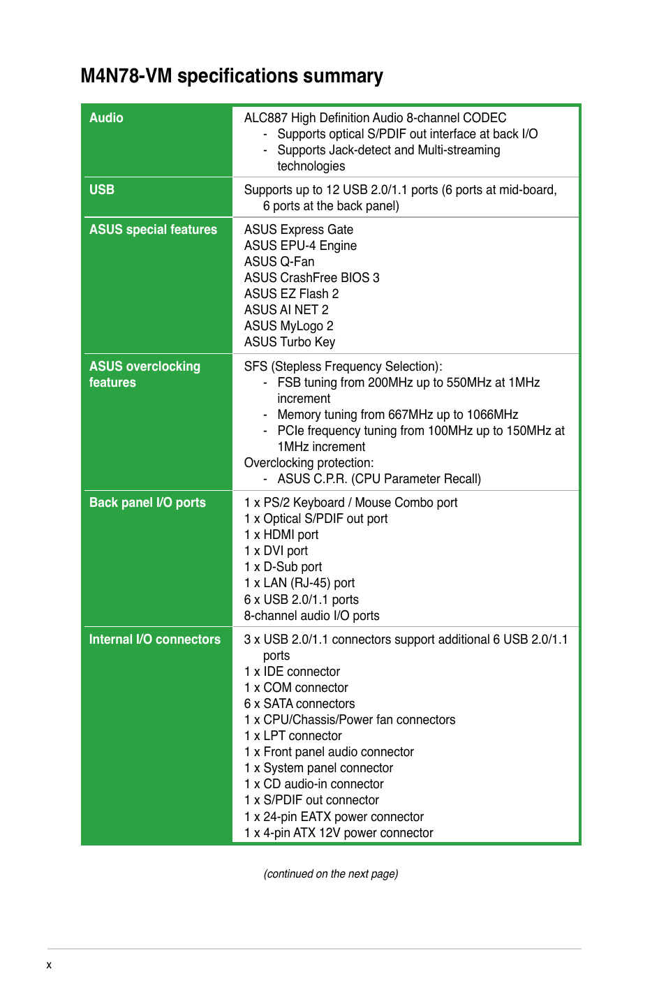 M4n78-vm specifications summary | Asus M4N78-VM User Manual | Page 10 / 64