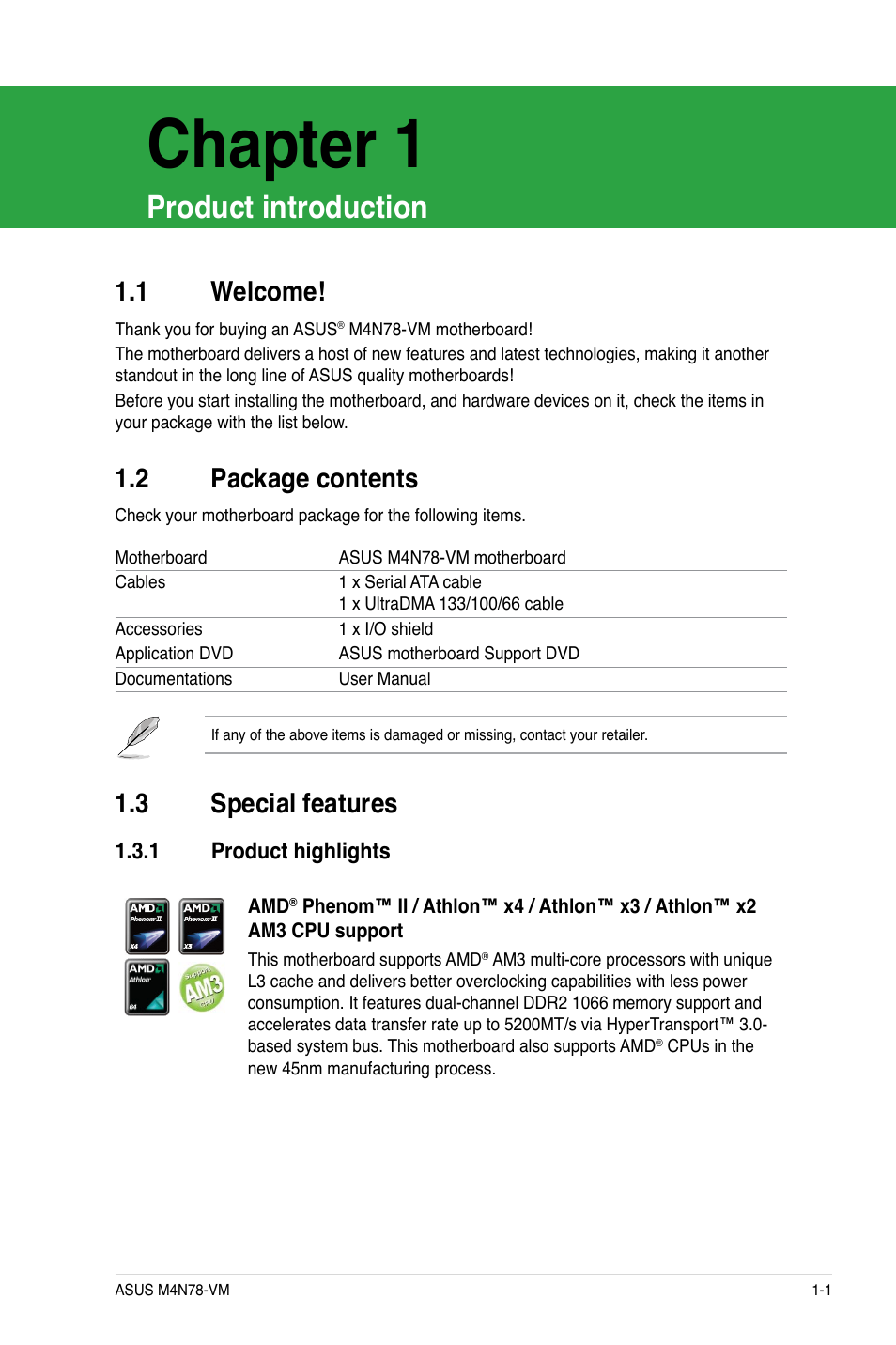 Chapter 1, Product introduction, 1 welcome | 2 package contents, 3 special features, 1 product highlights, Welcome! -1, Package contents -1, Special features -1 1.3.1, Product highlights -1 | Asus M4N78-VM User Manual | Page 13 / 64