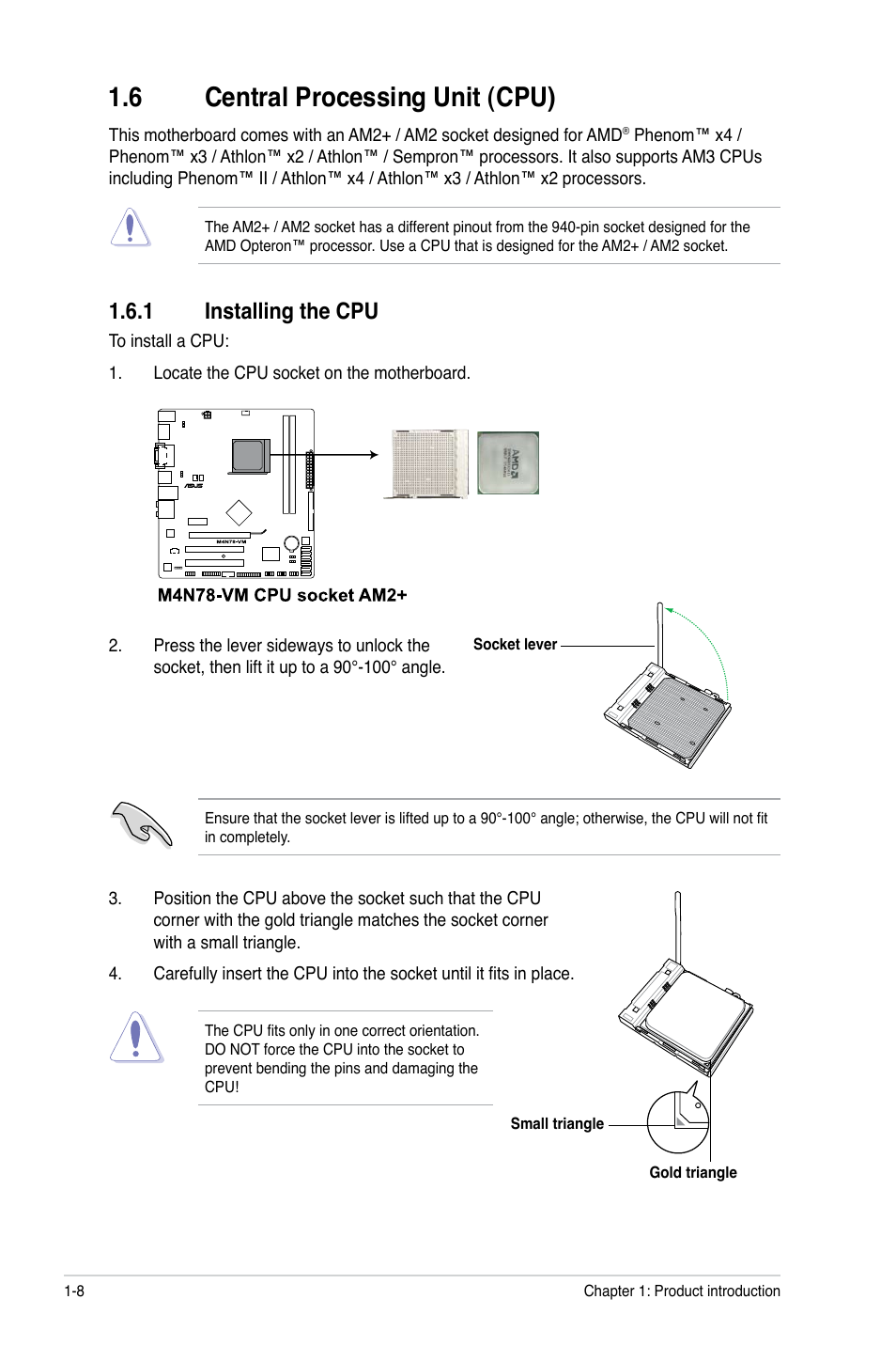 6 central processing unit (cpu), 1 installing the cpu, Central processing unit (cpu) -8 1.6.1 | Installing the cpu -8 | Asus M4N78-VM User Manual | Page 20 / 64