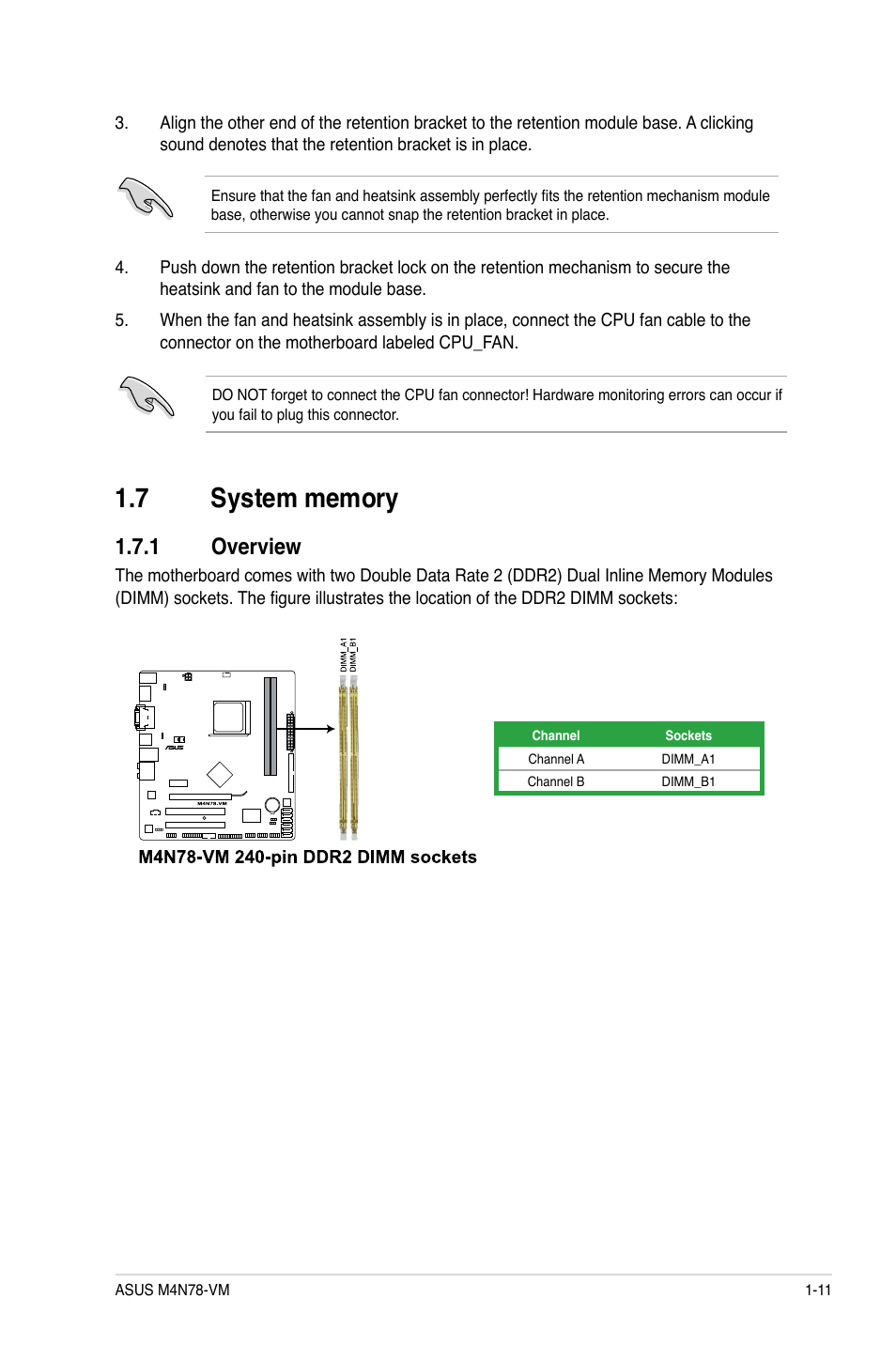 7 system memory, 1 overview, System memory -11 1.7.1 | Overview -11 | Asus M4N78-VM User Manual | Page 23 / 64