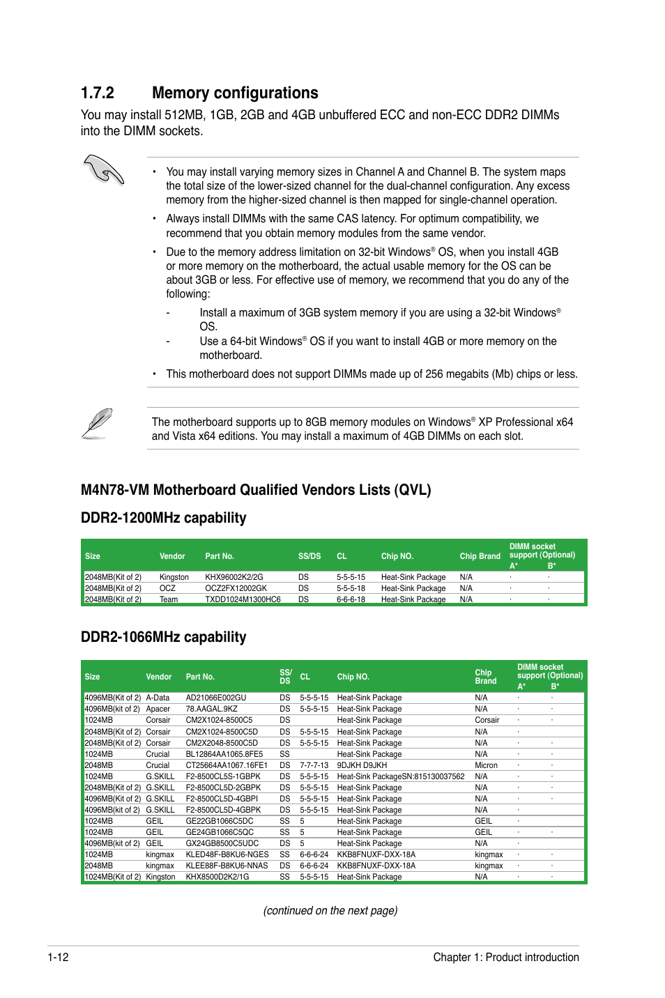 2 memory configurations, Memory configurations -12, Continued on the next page) | Asus M4N78-VM User Manual | Page 24 / 64