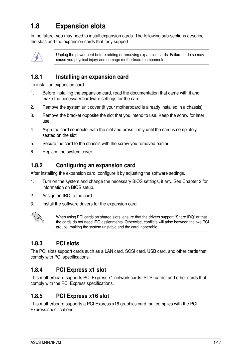 8 expansion slots, 1 installing an expansion card, 2 configuring an expansion card | 3 pci slots, 4 pci express x1 slot, 5 pci express x16 slot, Expansion slots -17 1.8.1, Installing an expansion card -17, Configuring an expansion card -17, Pci slots -17 | Asus M4N78-VM User Manual | Page 29 / 64