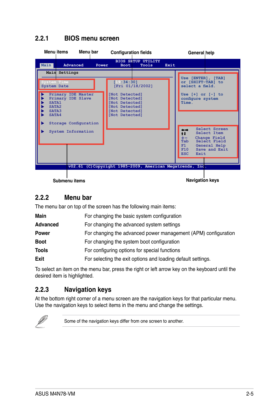 1 bios menu screen, 2 menu bar, 3 navigation keys | Bios menu screen -5, Menu bar -5, Navigation keys -5, 1 bios menu screen 2.2.2 menu bar | Asus M4N78-VM User Manual | Page 47 / 64