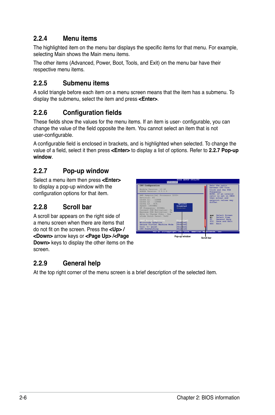 4 menu items, 5 submenu items, 6 configuration fields | 7 pop-up window, 8 scroll bar, 9 general help, Menu items -6, Submenu items -6, Configuration fields -6, Pop-up window -6 | Asus M4N78-VM User Manual | Page 48 / 64