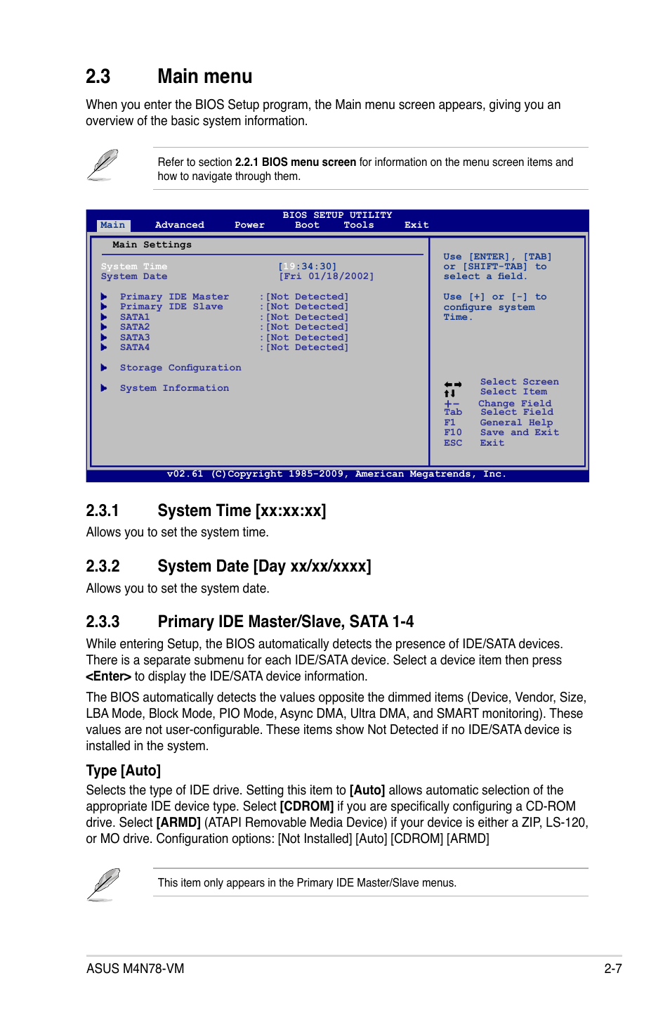 3 main menu, 1 system time, 2 system date | 3 primary ide master/slave, sata 1-4, Main menu -7 2.3.1, System time -7, System date -7, Primary ide master/slave, sata 1-4 -7, 1 system time [xx:xx:xx, Type [auto | Asus M4N78-VM User Manual | Page 49 / 64