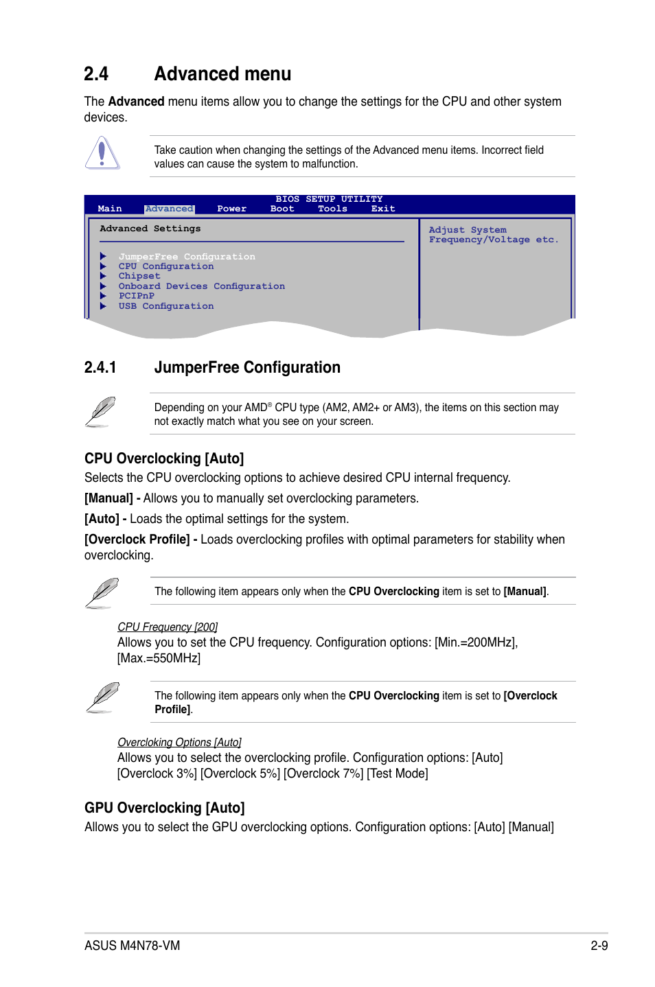 4 advanced menu, 1 jumperfree configuration, Advanced menu -9 2.4.1 | Jumperfree configuration -9, Gpu overclocking [auto, Cpu overclocking [auto | Asus M4N78-VM User Manual | Page 51 / 64