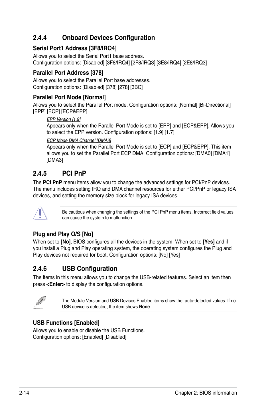 4 onboard devices configuration, 5 pci pnp, 6 usb configuration | Onboard devices configuration -14, Pci pnp -14, Usb configuration -14 | Asus M4N78-VM User Manual | Page 56 / 64