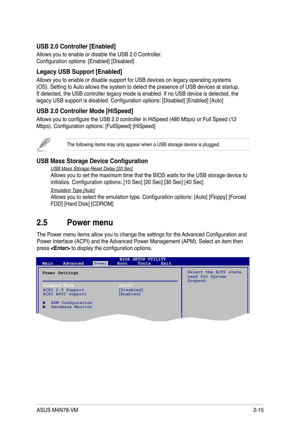 5 power menu, Power menu -15, Usb mass storage device configuration | Usb 2.0 controller [enabled, Legacy usb support [enabled, Usb 2.0 controller mode [hispeed | Asus M4N78-VM User Manual | Page 57 / 64