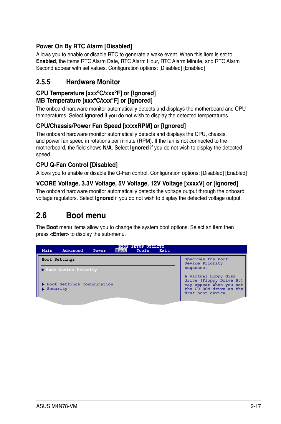 5 hardware monitor, 6 boot menu, Hardware monitor -17 | Boot menu -17 | Asus M4N78-VM User Manual | Page 59 / 64