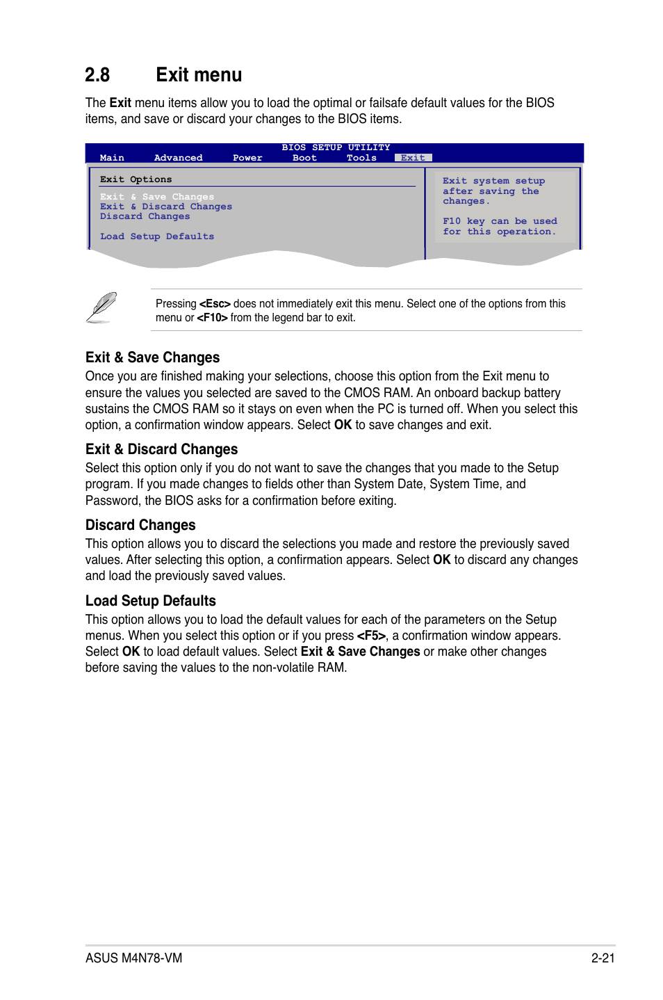 8 exit menu, Exit menu -21, Exit & save changes | Exit & discard changes, Discard changes, Load setup defaults | Asus M4N78-VM User Manual | Page 63 / 64