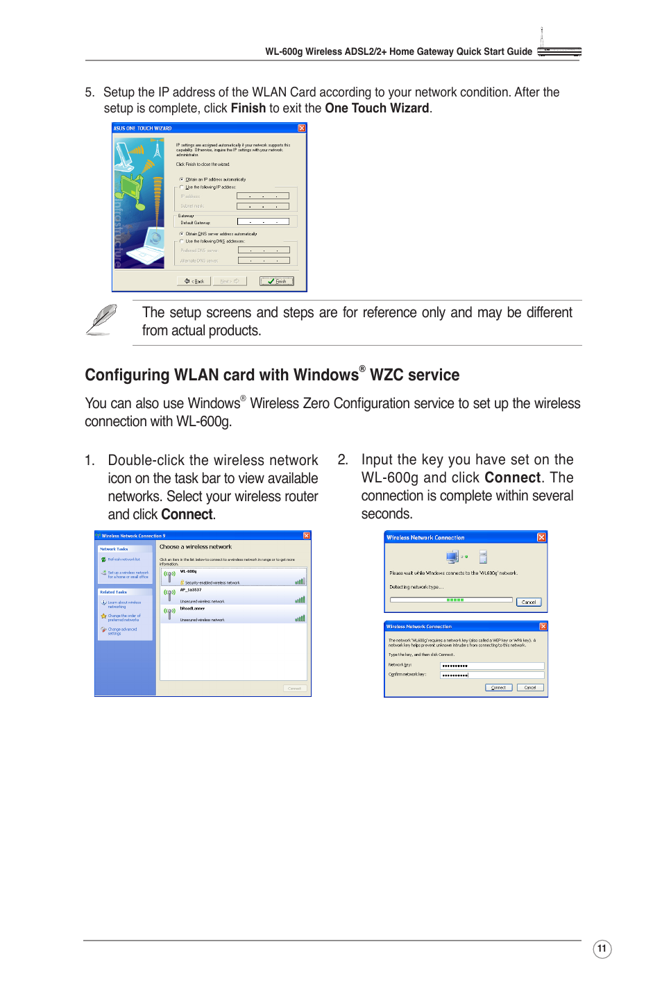 Conﬁguring wlan card with windows, Wzc service | Asus WL-600g User Manual | Page 13 / 18