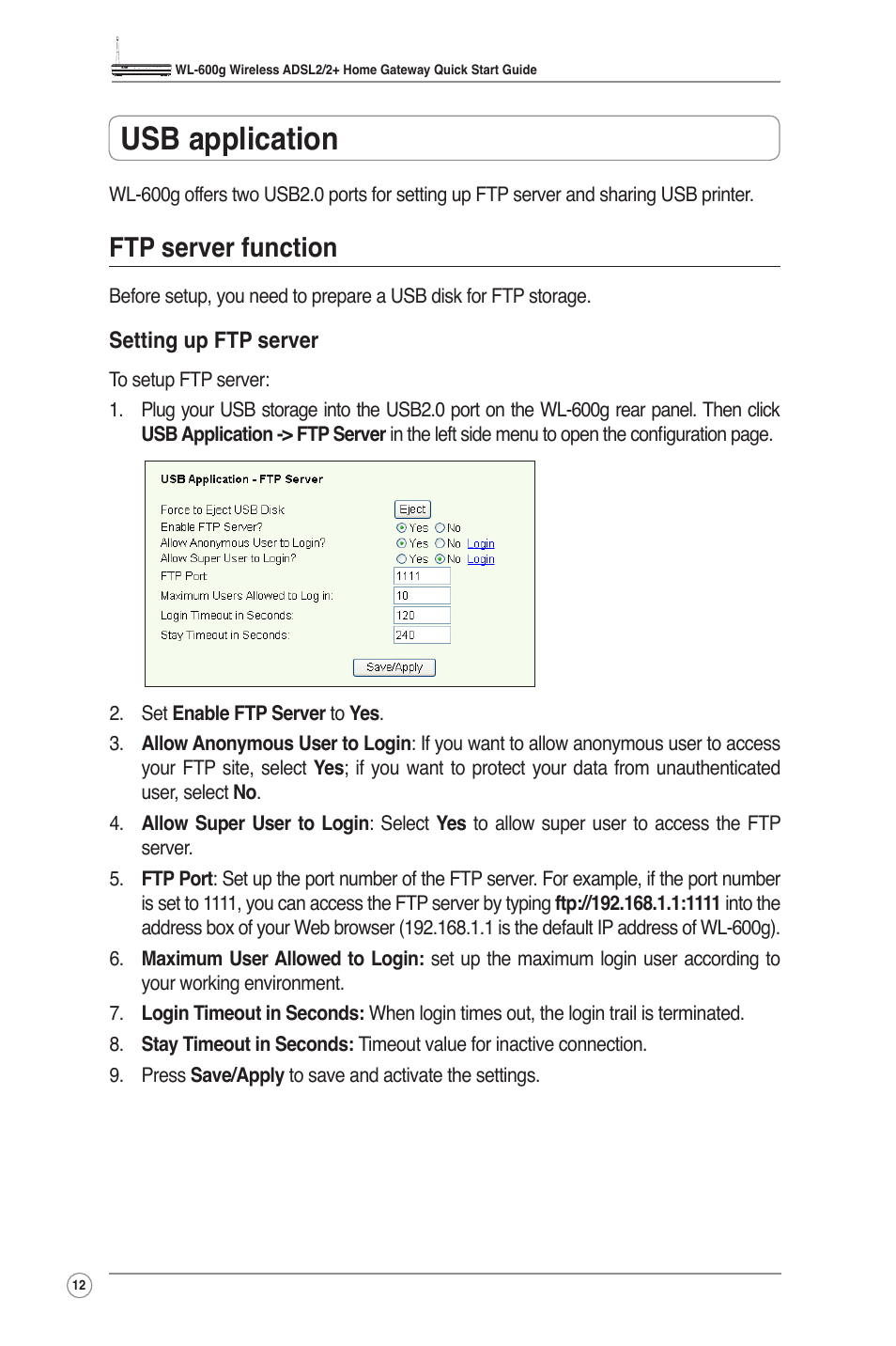 Usb application, Ftp server function, Setting up ftp server | Asus WL-600g User Manual | Page 14 / 18