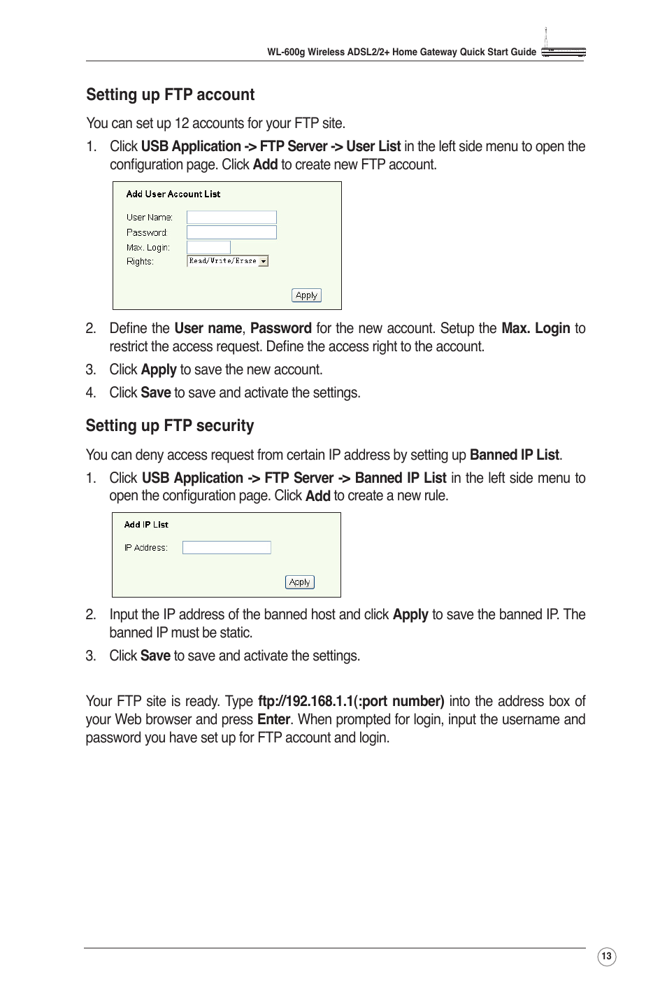 Setting up ftp account setting up ftp security | Asus WL-600g User Manual | Page 15 / 18