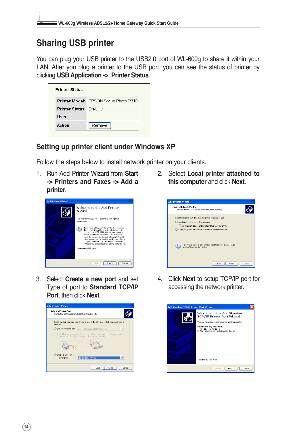 Sharing usb printer, Setting up printer client under windows xp | Asus WL-600g User Manual | Page 16 / 18