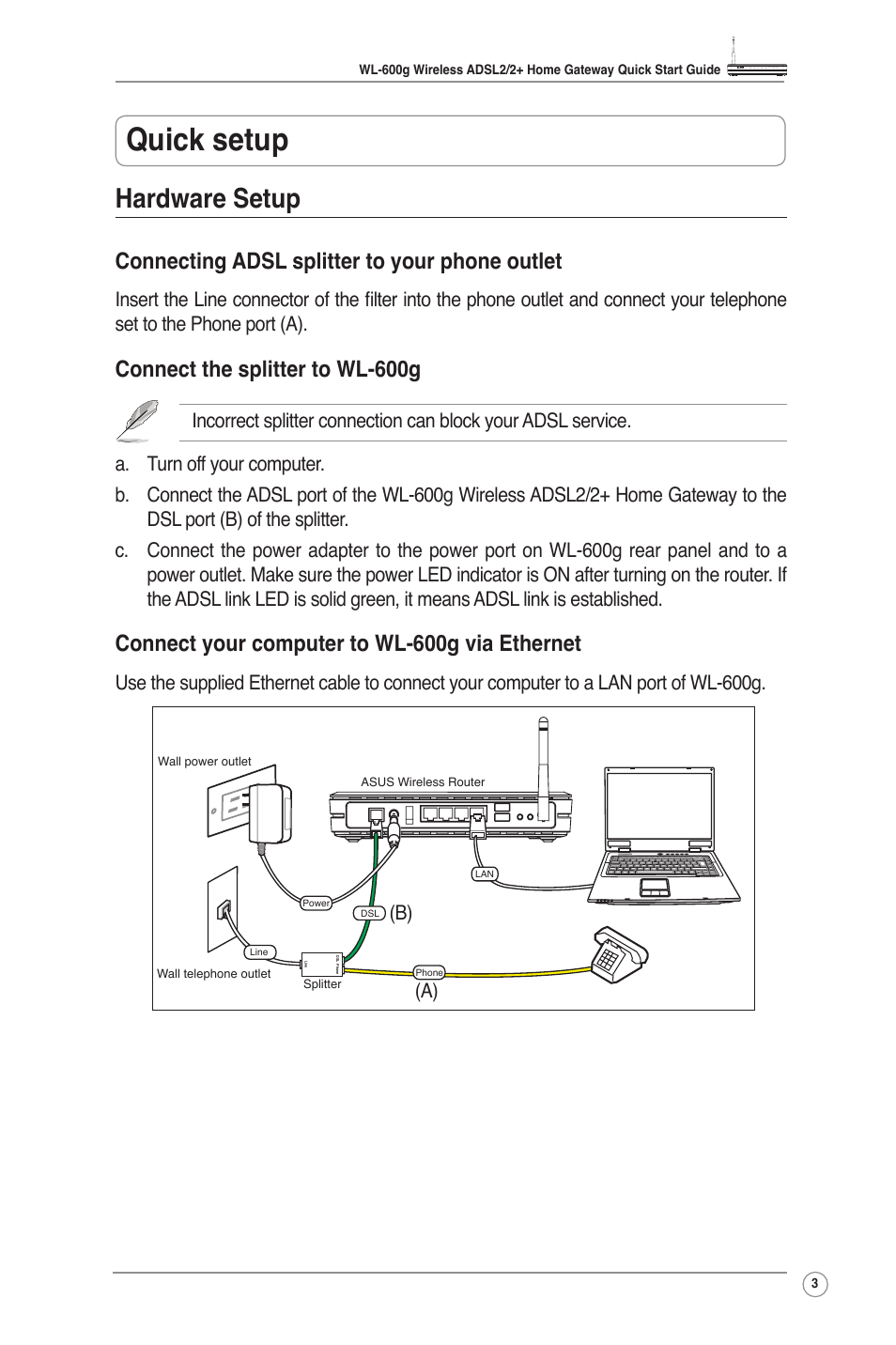 Quick setup, Hardware setup, Connecting adsl splitter to your phone outlet | Connect the splitter to wl-600g, Connect your computer to wl-600g via ethernet, A) (b) | Asus WL-600g User Manual | Page 5 / 18