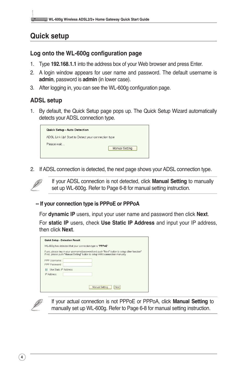 Quick setup | Asus WL-600g User Manual | Page 6 / 18