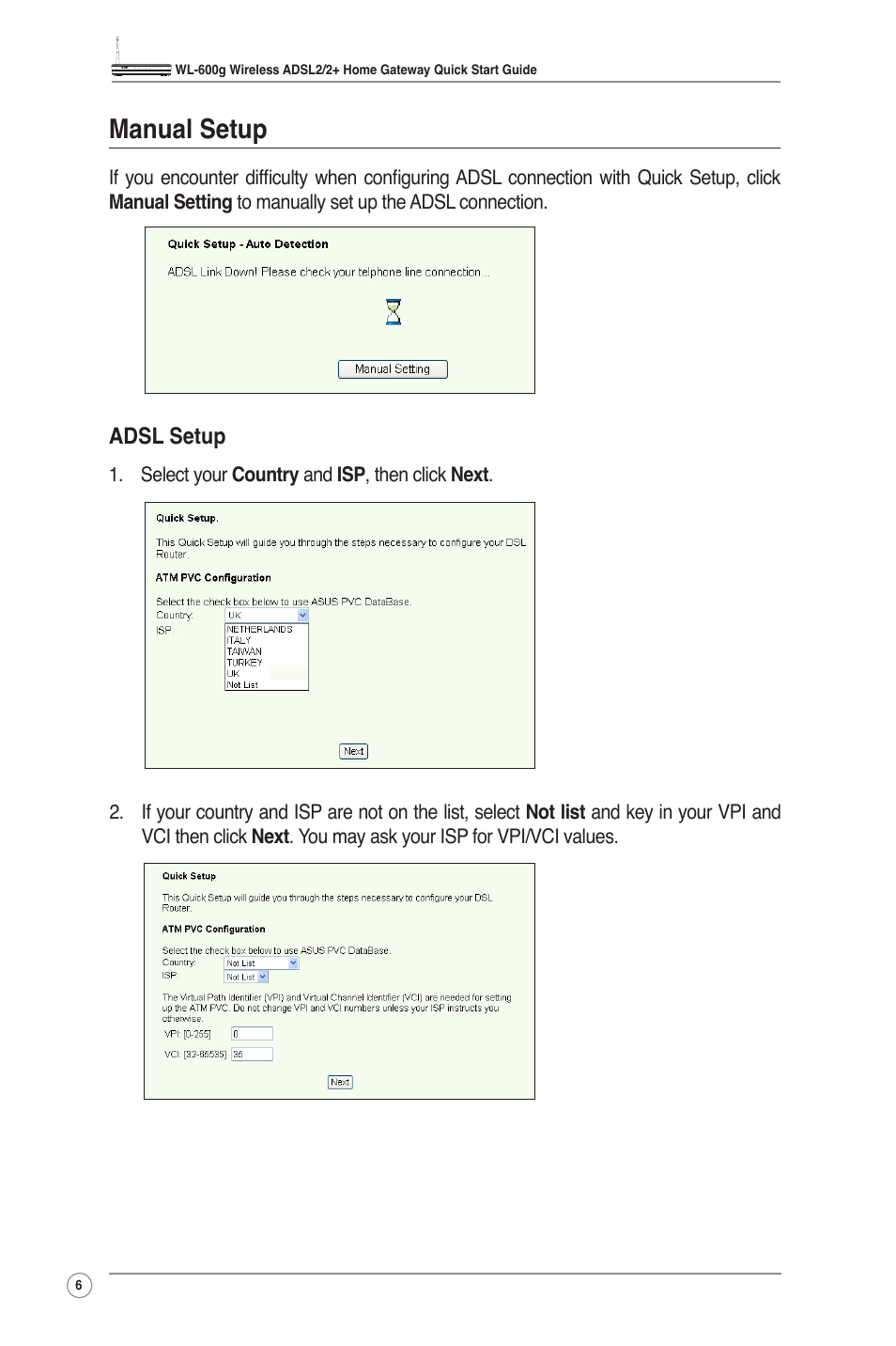 Manual setup, Adsl setup | Asus WL-600g User Manual | Page 8 / 18