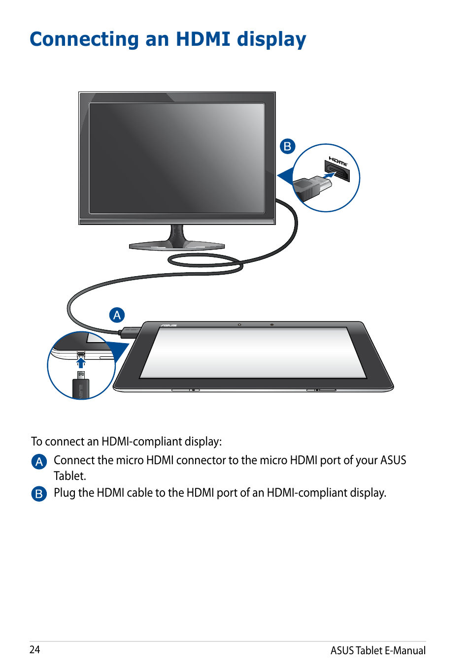 Connecting an hdmi display | Asus Transformer Pad TF502T User Manual | Page 24 / 84