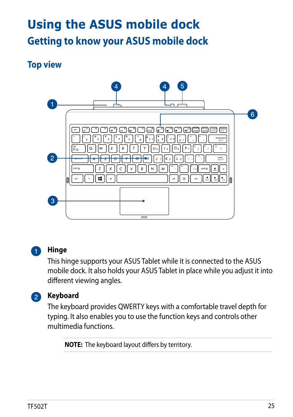 Using the asus mobile dock, Getting to know your asus mobile dock, Top view | Tf502t | Asus Transformer Pad TF502T User Manual | Page 25 / 84