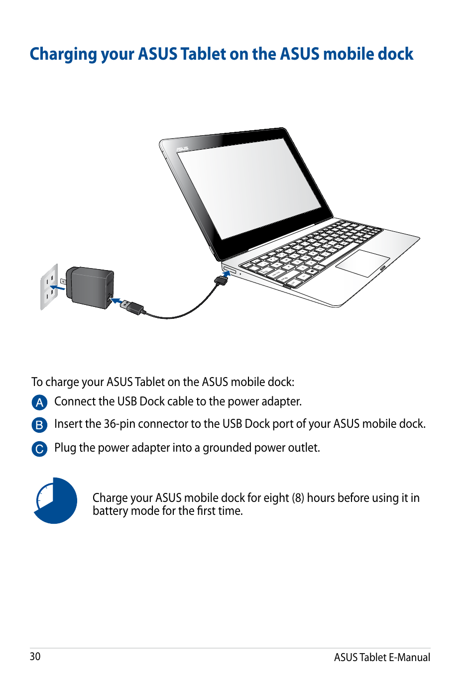 Charging your asus tablet on the asus mobile dock, Asus tablet e-manual 0, Delete scr lk | Num l k, Shift, Pgdn pgup hom e end fn | Asus Transformer Pad TF502T User Manual | Page 30 / 84