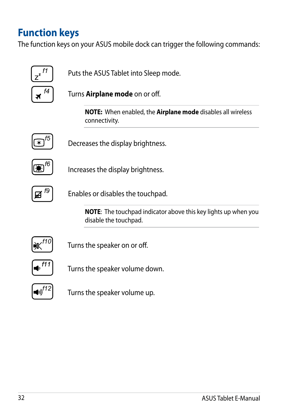 Function keys | Asus Transformer Pad TF502T User Manual | Page 32 / 84