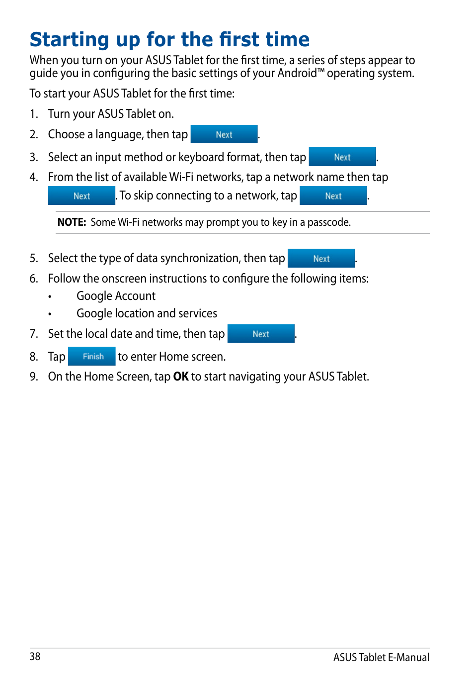 Starting up for the first time | Asus Transformer Pad TF502T User Manual | Page 38 / 84